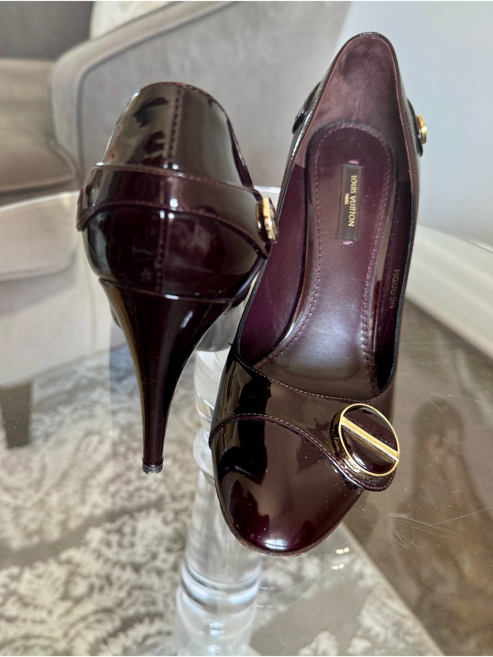 Louis Vuitton Women's Bordeaux Patent Leather Heels with Gold Buckle